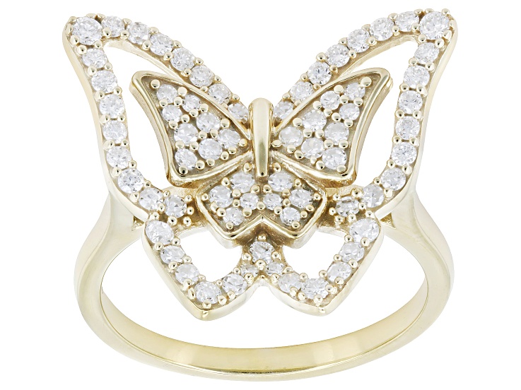 White Lab-Grown Diamond G-H SI 14K Yellow Gold Over Sterling Silver Butterfly Ring 0.65ctw