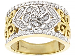 White Lab-Grown Diamond G-H SI 14K Yellow Gold Over Sterling Silver Floral Ring 0.50ctw
