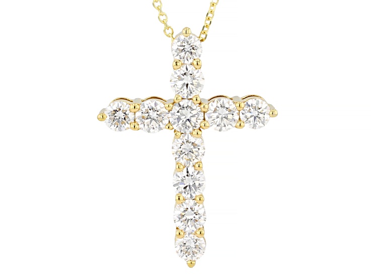 White Lab-Grown Diamond G SI 14K Yellow Gold Over Sterling Silver Cross Pendant With Chain 3.00ctw