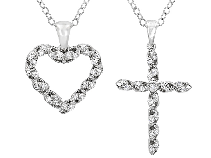White Lab-Grown Diamond F-G VS2-SI1 Rhodium Over Silver Heart and Cross Pendants With Chain 0.25ctw