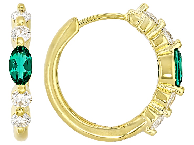 Lab Emerald & White Lab-Grown Diamond G-H SI 18K Gold Over Sterling Silver Hoop Earrings 0.95ctw