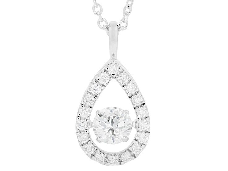 White Lab-Grown Dancing Diamond G SI2 Rhodium Over Sterling Silver Teardrop Pendant W/Chain 0.49ctw