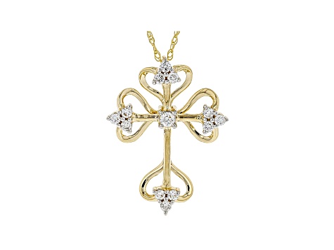 White Lab-Grown Diamond 14k Yellow Gold Cross Pendant With 18" Rope Chain 0.35ctw