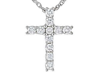 White Lab-Grown Diamond Rhodium Over Sterling Silver Cross Pendant With 18" Rope Chain 0.25ctw