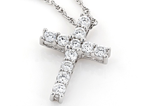 White Lab-Grown Diamond Rhodium Over Sterling Silver Cross Pendant With 18" Rope Chain 0.25ctw