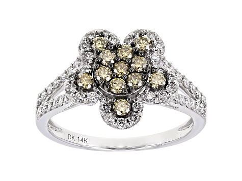 White And Champagne Lab-Grown Diamond 14k White Gold Flower Cluster Ring 0.85ctw