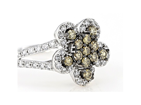 White And Champagne Lab-Grown Diamond 14k White Gold Flower Cluster Ring 0.85ctw