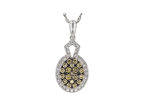 Champagne & White Lab-Grown Diamond 14k White Gold Cluster Pendant With 18" Singapore Chain 0.80ctw