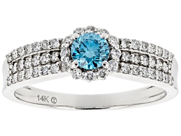Picture of White And Blue Lab-Grown Diamond 14k White Gold Halo Ring 0.60ctw