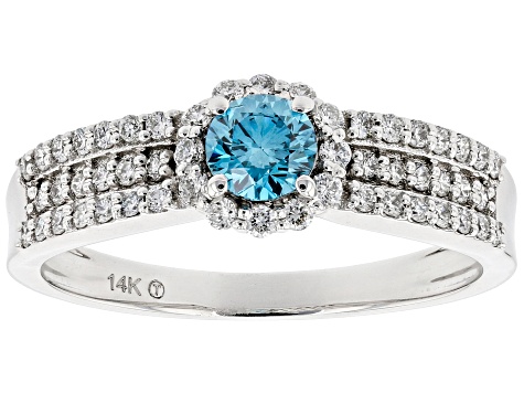 White And Blue Lab-Grown Diamond 14k White Gold Halo Ring 0.60ctw