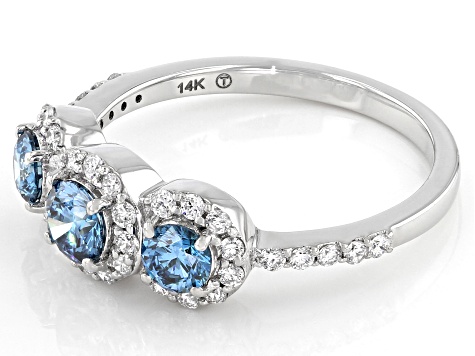 Blue And White Lab-Grown Diamond 14k White Gold 3-Stone Ring 1.09ctw