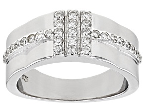 White Lab-Grown Diamond Rhodium Over Sterling Silver Mens Wide Band Ring 0.55ctw