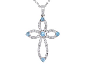 Blue And White Lab-Grown Diamond 14k White Gold Cross Pendant With Chain 0.64ctw