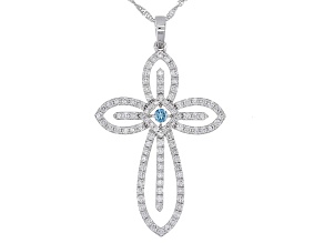Blue And White Lab-Grown Diamond 14k White Gold Cross Pendant With Chain 0.98ctw