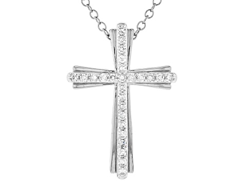 White Lab-Grown Diamond Rhodium Over Sterling Silver Cross Pendant With Chain 0.25ctw