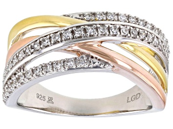 Picture of White Lab-Grown Diamond Rhodium & 14k Yellow & Rose Gold Over Sterling Silver Crossover Ring 0.25ctw