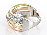 White Lab-Grown Diamond Rhodium & 14k Yellow & Rose Gold Over Sterling Silver Crossover Ring 0.25ctw