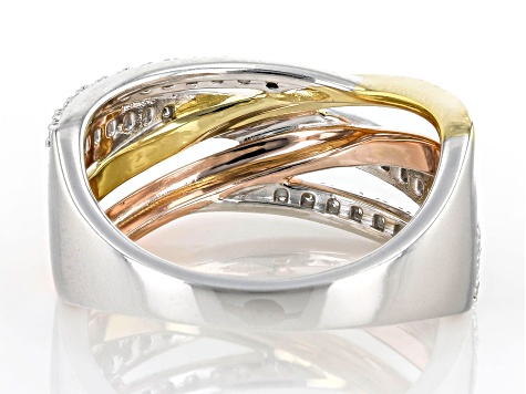 White Lab-Grown Diamond Rhodium & 14k Yellow & Rose Gold Over Sterling Silver Crossover Ring 0.25ctw