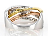 White Lab-Grown Diamond Rhodium & 14k Yellow & Rose Gold Over Sterling Silver Crossover Ring 0.25ctw