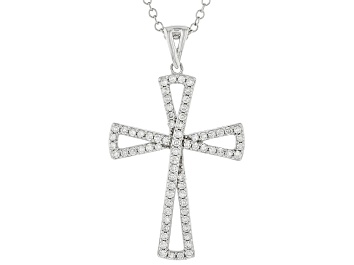 Picture of White Lab-Grown Diamond Rhodium Over Sterling Silver Cross Pendant With Cable Chain 0.50ctw