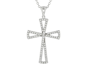 White Lab-Grown Diamond Rhodium Over Sterling Silver Cross Pendant With Cable Chain 0.50ctw