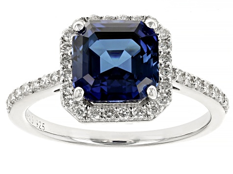 Lab Created Sapphire And Lab-Grown Diamond Rhodium Over Sterling Silver Halo Ring 2.72ctw