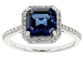 Lab Created Sapphire And Lab-Grown Diamond Rhodium Over Sterling Silver Halo Ring 2.72ctw