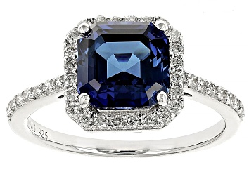 Picture of Lab Created Sapphire And Lab-Grown Diamond Rhodium Over Sterling Silver Halo Ring 2.72ctw