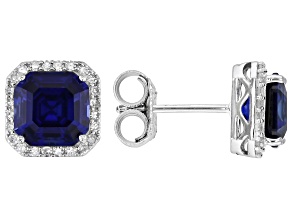 Lab Created Sapphire And Lab-Grown Diamond Rhodium Over Sterling Silver Halo Earrings 3.32ctw