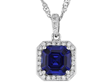 Picture of Lab Created Sapphire And Lab-Grown Diamond Rhodium Over Sterling Silver Pendant With Chain 2.63ctw