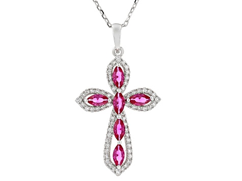 Lab Created Ruby And Lab-Grown Diamond Rhodium Over Sterling Silver Cross Pendant With Chain 1.18ctw