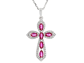 Lab Created Ruby And Lab-Grown Diamond Rhodium Over Sterling Silver Cross Pendant 1.18ctw