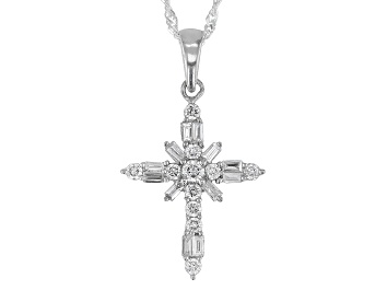 Picture of White Lab-Grown Diamond H SI Rhodium Over Sterling Silver Cross Pendant With 18" Chain 0.60ctw