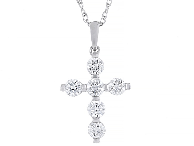 White Lab-Grown Diamond F SI Rhodium Over Sterling Silver Cross Pendant With 18" Rope Chain 1.00ctw