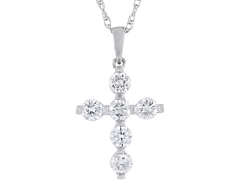 White Lab-Grown Diamond F SI Rhodium Over Sterling Silver Cross Pendant With 18" Rope Chain 1.00ctw
