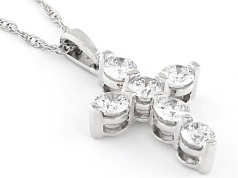 White Lab-Grown Diamond F SI Rhodium Over Sterling Silver Cross Pendant With 18" Rope Chain 1.00ctw