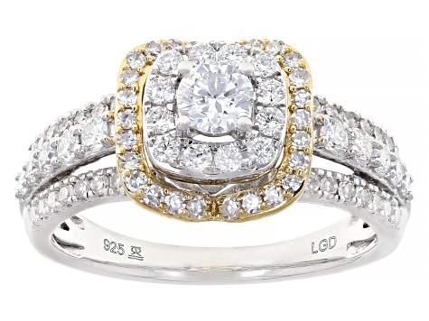 White Lab-Grown Diamond G SI Rhodium And 14k Yellow Gold Over Sterling Silver Halo Ring 1.00ctw