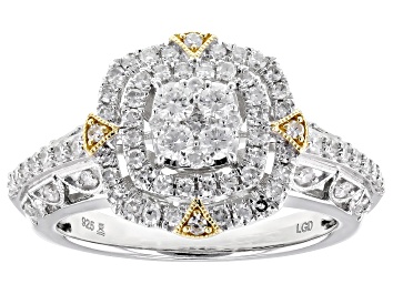 Picture of White Lab-Grown Diamond G SI Rhodium And 14k Yellow Gold Over Sterling Silver Halo Ring 0.75ctw