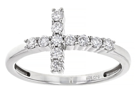 White Lab-Grown Diamond H SI Rhodium Over Sterling Silver Cross Ring 0.33ctw