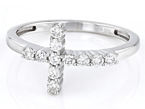 White Lab-Grown Diamond H SI Rhodium Over Sterling Silver Cross Ring 0.33ctw