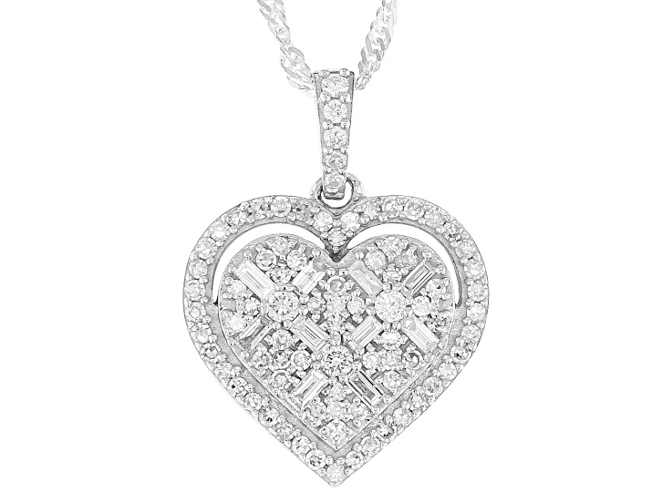 White Lab-Grown Diamond H SI Rhodium Over Sterling Silver Heart Pendant With Singapore Chain 0.70ctw