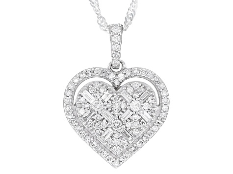 White Lab-Grown Diamond H SI Rhodium Over Sterling Silver Heart Pendant With Singapore Chain 0.70ctw
