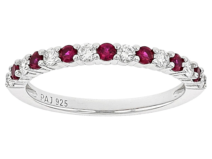 Lab Created Ruby And Lab-Grown Diamond Rhodium Over Sterling Silver Band Ring 0.60ctw