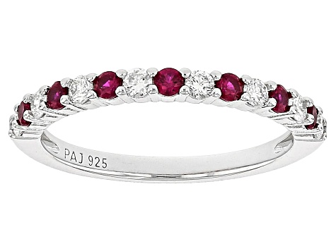 Lab Created Ruby And Lab-Grown Diamond Rhodium Over Sterling Silver Band Ring 0.60ctw