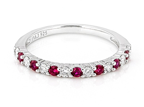Lab Created Ruby And Lab-Grown Diamond Rhodium Over Sterling Silver Band Ring 0.60ctw