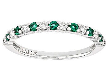 Picture of Lab Created Emerald And Lab-Grown Diamond Rhodium Over Sterling Silver Band Ring 0.49ctw