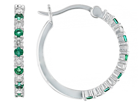 Lab Created Emerald And Lab-Grown Diamond Rhodium Over Sterling Silver Hoop Earrings 0.70ctw