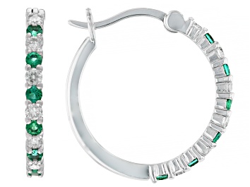 Picture of Lab Created Emerald And Lab-Grown Diamond Rhodium Over Sterling Silver Hoop Earrings 0.70ctw