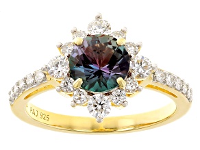 Lab Alexandrite And Lab-Grown Diamond 18k Yellow Gold Over Sterling Silver Halo Ring 1.85ctw