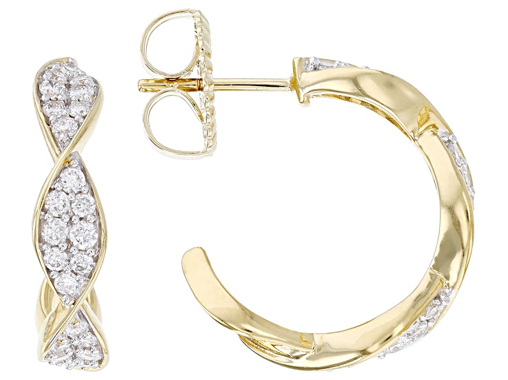 White Lab-Grown Diamond H SI 14K Yellow Gold Over Sterling Silver J-Hoop Earrings 0.75ctw